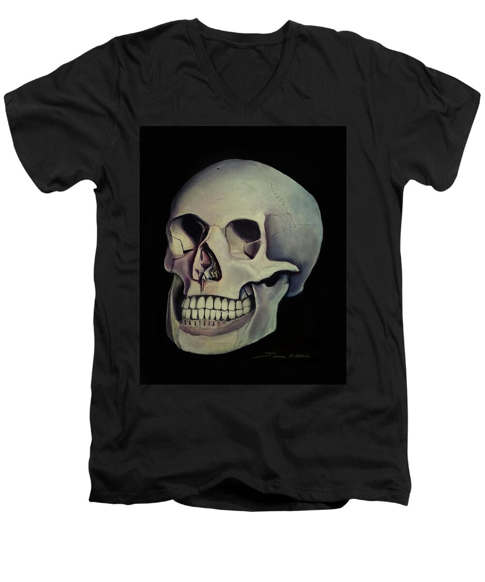 Copyright 2015 James Christopher Hill Men's V-Neck T-Shirt featuring the painting Medical Skull by James Hill
