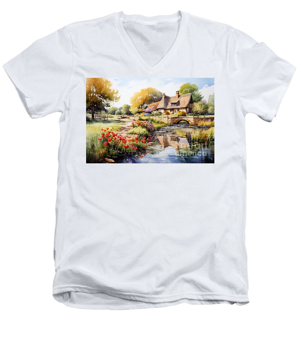 Cottage Men's V-Neck T-Shirt featuring the painting 4d watercolour sketch of a thatched Cotswolds by Asar Studios #1 by Celestial Images