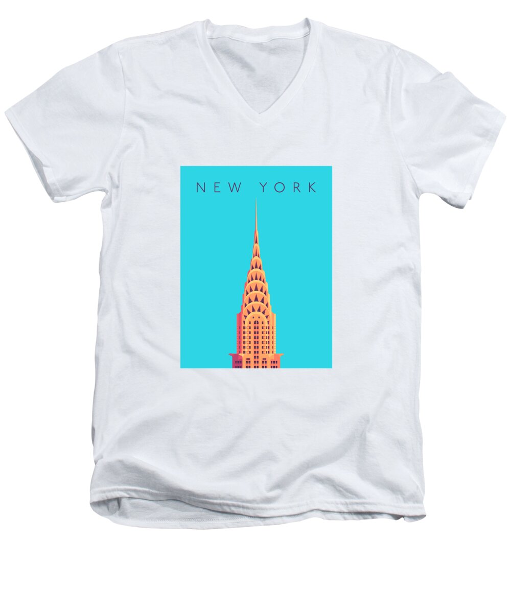 Chrysler Men's V-Neck T-Shirt featuring the digital art Chrysler Building Minimal - Text Cyan by Organic Synthesis