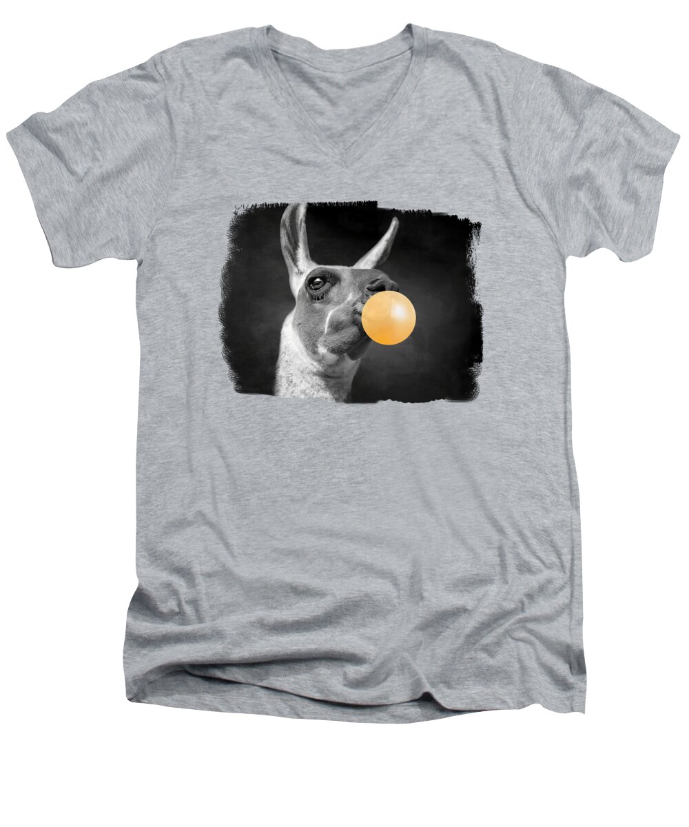 Llama Men's V-Neck T-Shirt featuring the photograph Llama with Bubble Gum 1 by Elisabeth Lucas
