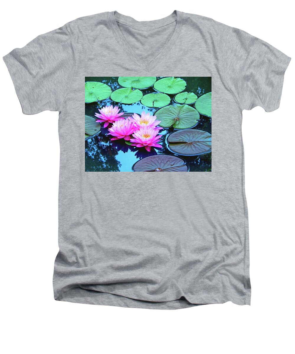 Nature Men's V-Neck T-Shirt featuring the photograph Pink Waterlilies Horizontal 300			 by Sharon Williams Eng