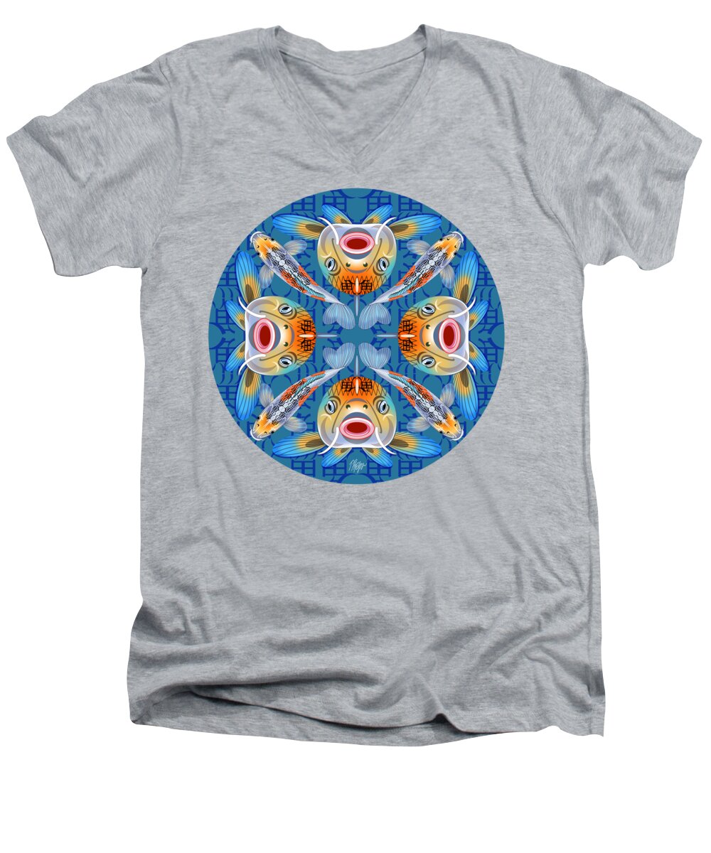 Koi Men's V-Neck T-Shirt featuring the digital art Shusui Koi Face Blue Mandala by Tim Phelps