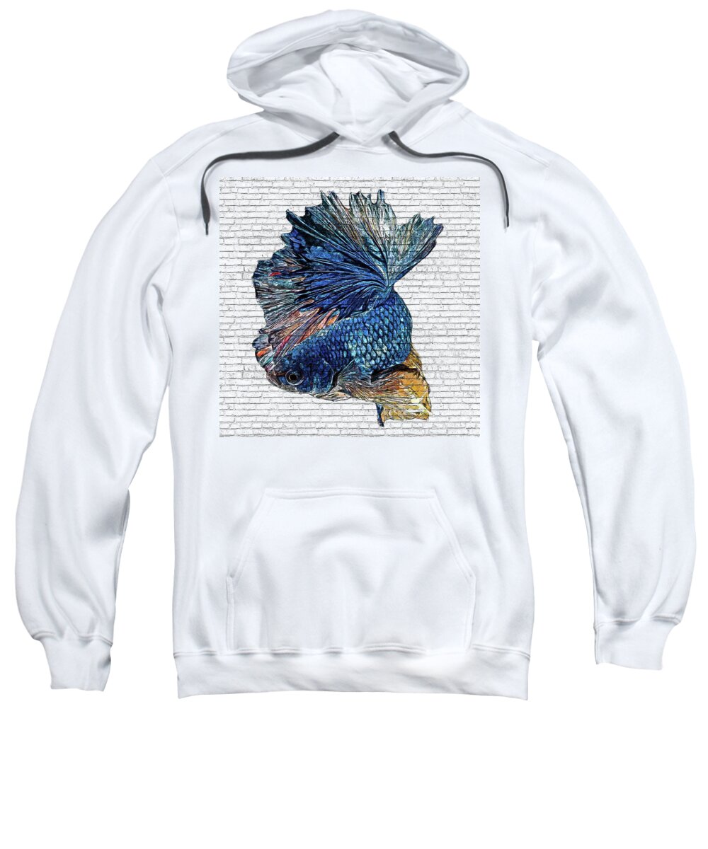 Blue Sweatshirt featuring the painting Blue Betta Splendens, Siamese Fighting Fish - Brick Block Background by Custom Pet Portrait Art Studio