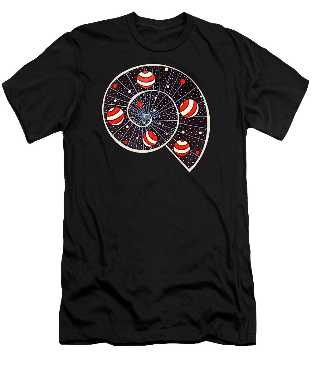 Spiral T-Shirt featuring the drawing Spiral Galaxy Snail With Beach Ball Planets #2 by Boriana Giormova