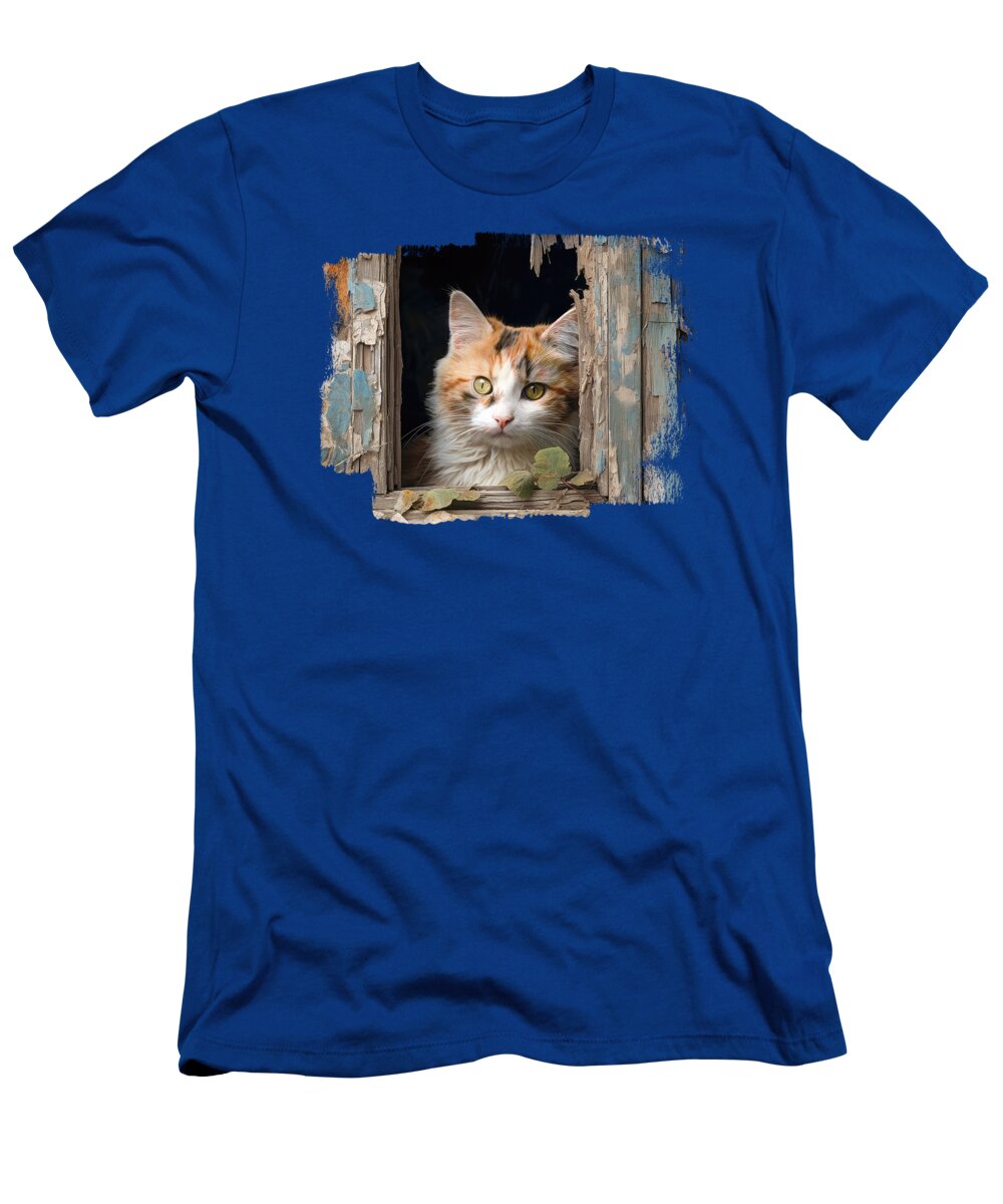 Calico T-Shirt featuring the digital art Calico Cat at Window 01 by Elisabeth Lucas