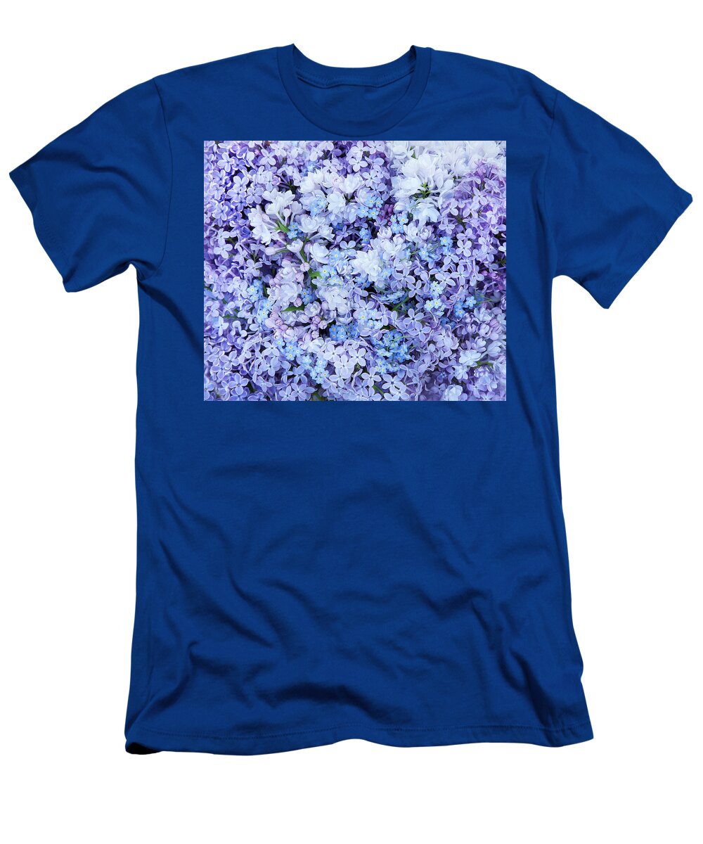 Face Mask T-Shirt featuring the photograph Lilacs And Forget Me Nots by Theresa Tahara