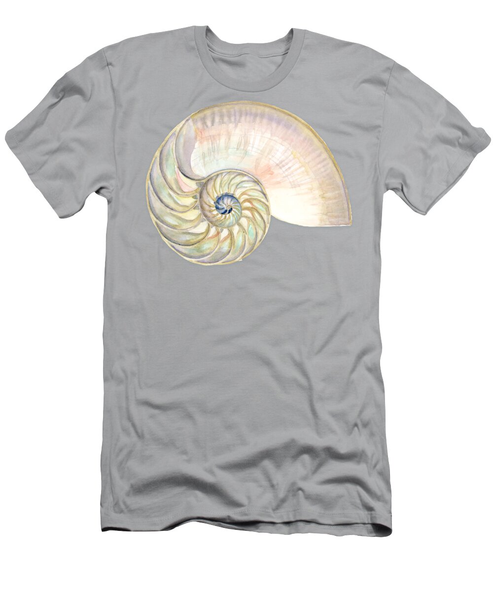 Nautilus Shell T-Shirt featuring the painting Earthy Beach Nautilus Sea Shell on wood III Watercolor by Audrey Jeanne Roberts