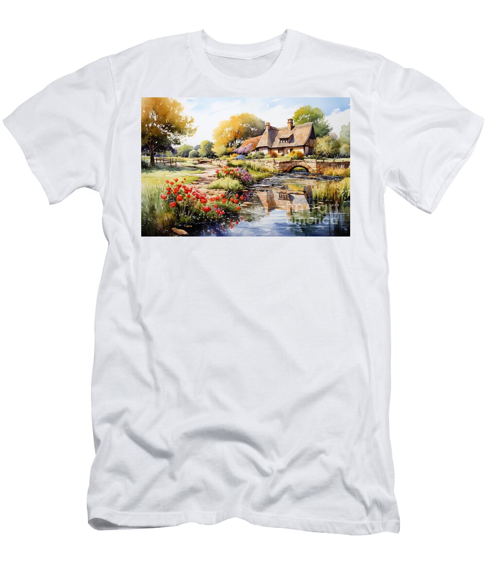 Cottage T-Shirt featuring the painting 4d watercolour sketch of a thatched Cotswolds by Asar Studios #1 by Celestial Images