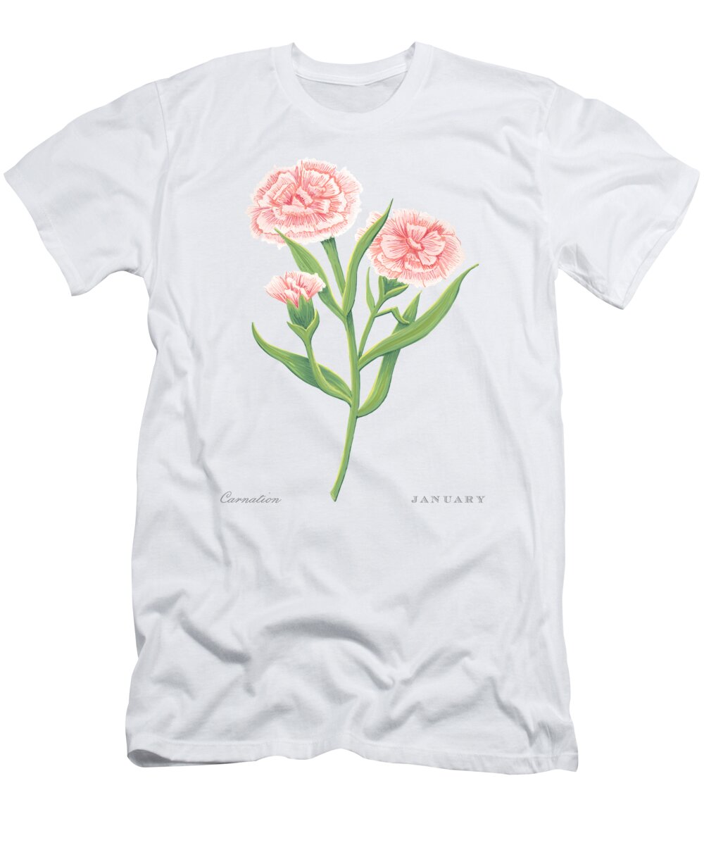 Carnation T-Shirt featuring the painting Carnation January Birth Month Flower Botanical Print on White - Art by Jen Montgomery by Jen Montgomery