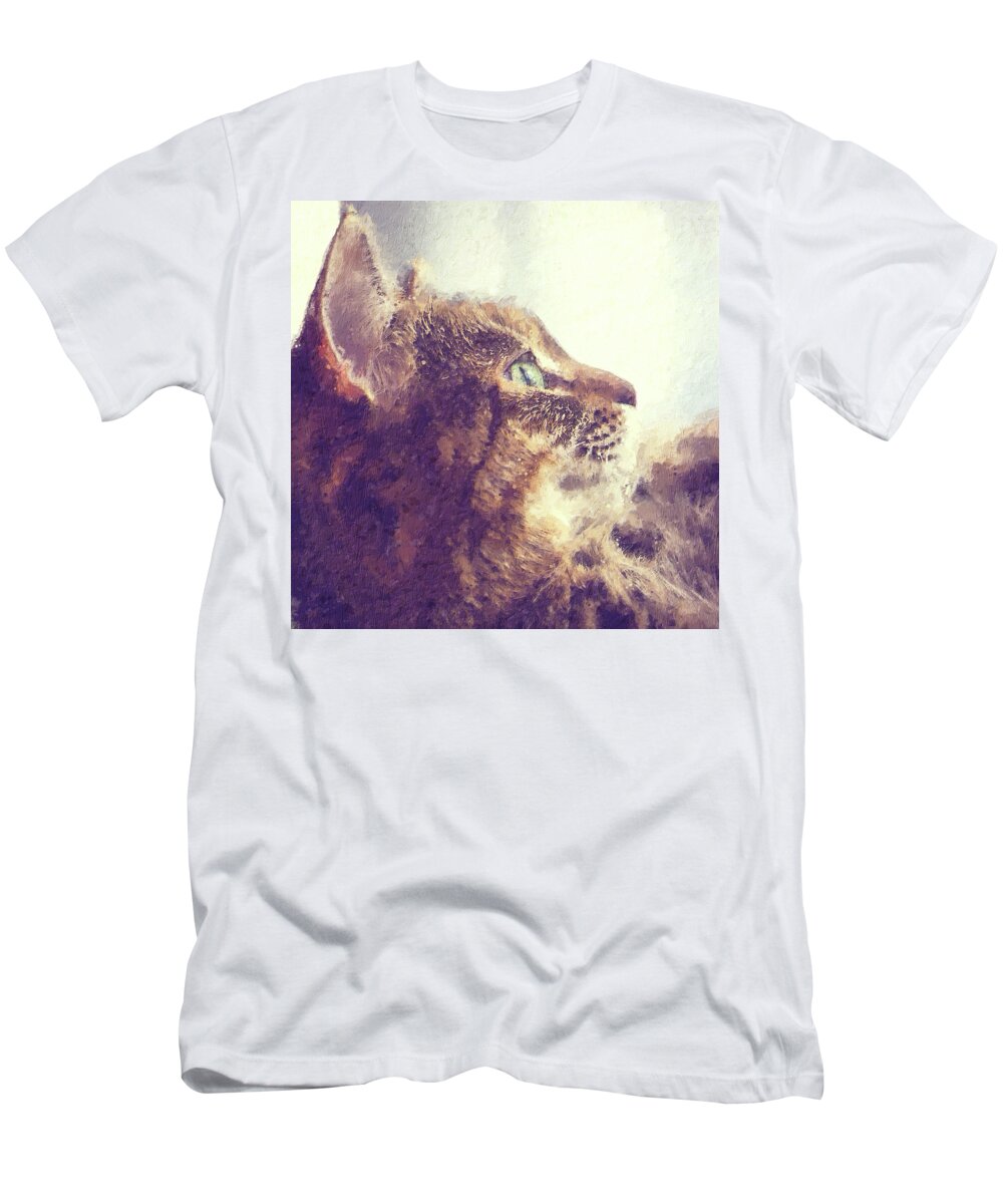 Tabby T-Shirt featuring the painting Happy tabby cat basking in the sun by Custom Pet Portrait Art Studio
