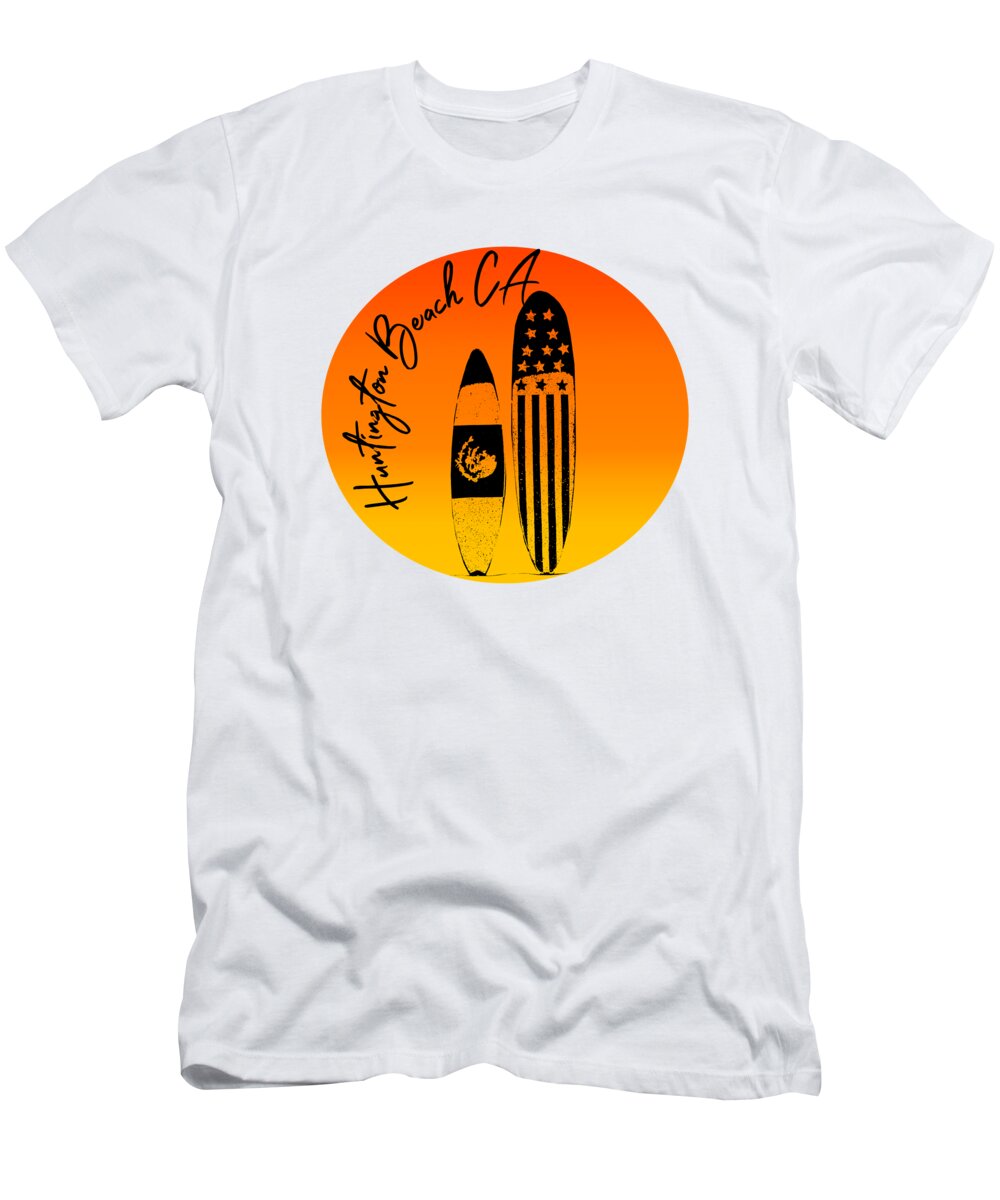 Huntington Beach T-Shirt featuring the digital art Huntington Beach Surfboards and Sunsets by Colleen Cornelius