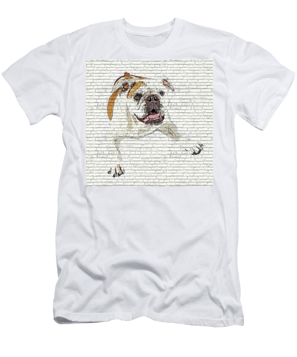 Bulldog T-Shirt featuring the painting So Awkwardly Cute, Bulldog - Brick Block Background by Custom Pet Portrait Art Studio