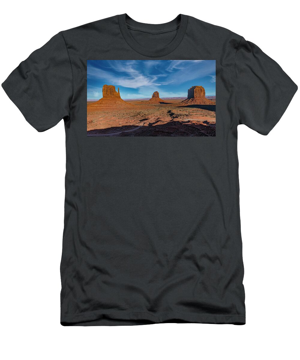 © 2017 Lou Novick All Rights Reversed T-Shirt featuring the photograph The Mittens and Merrick Butte by Lou Novick