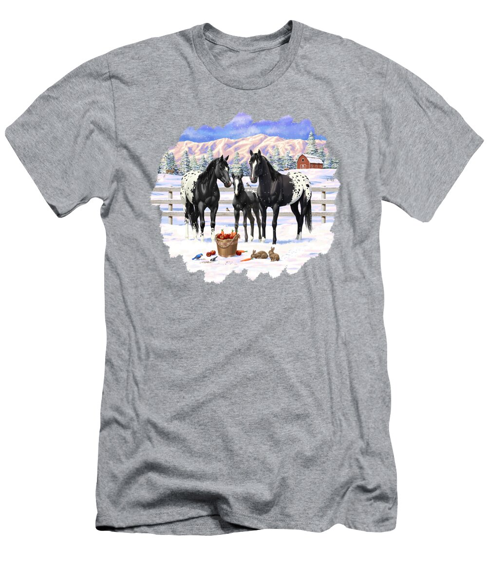 Horses T-Shirt featuring the painting Black Appaloosa Horses In Snow by Crista Forest