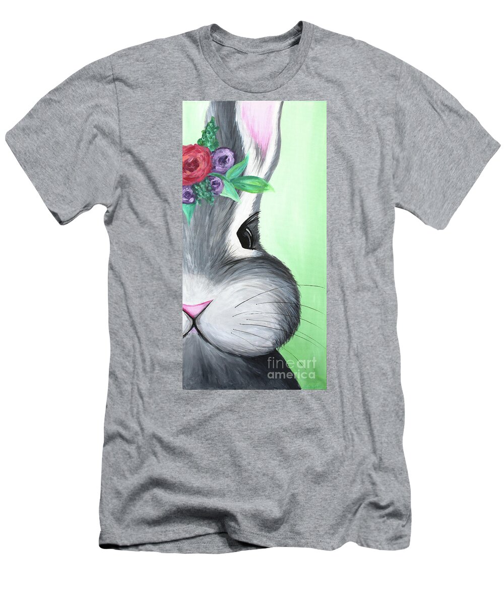 Easter T-Shirt featuring the painting Grey Easter Bunny with Flowers by Ashley Lane