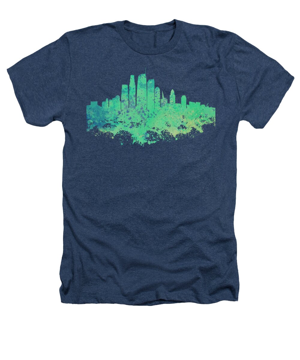 Los Angeles Heathers T-Shirt featuring the digital art Los Angeles City Skyline - Mint Green Watercolor on Blue Background by SP JE Art