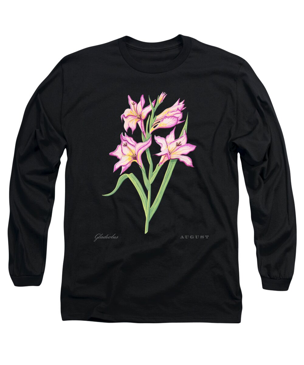 Gladiolus Long Sleeve T-Shirt featuring the painting Gladiolus August Birth Month Flower Botanical Print on Black - Art by Jen Montgomery by Jen Montgomery
