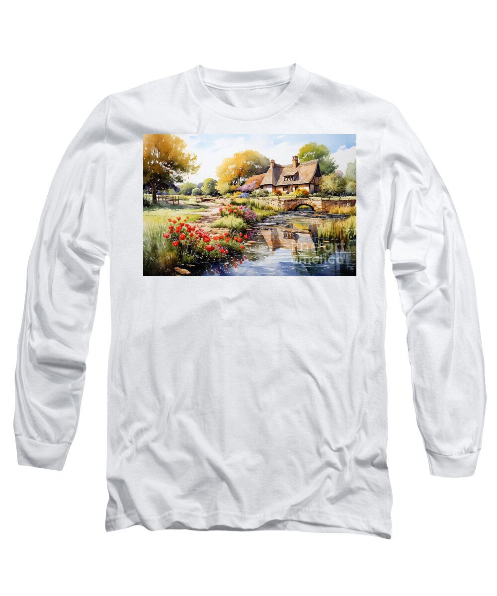 Cottage Long Sleeve T-Shirt featuring the painting 4d watercolour sketch of a thatched Cotswolds by Asar Studios #1 by Celestial Images