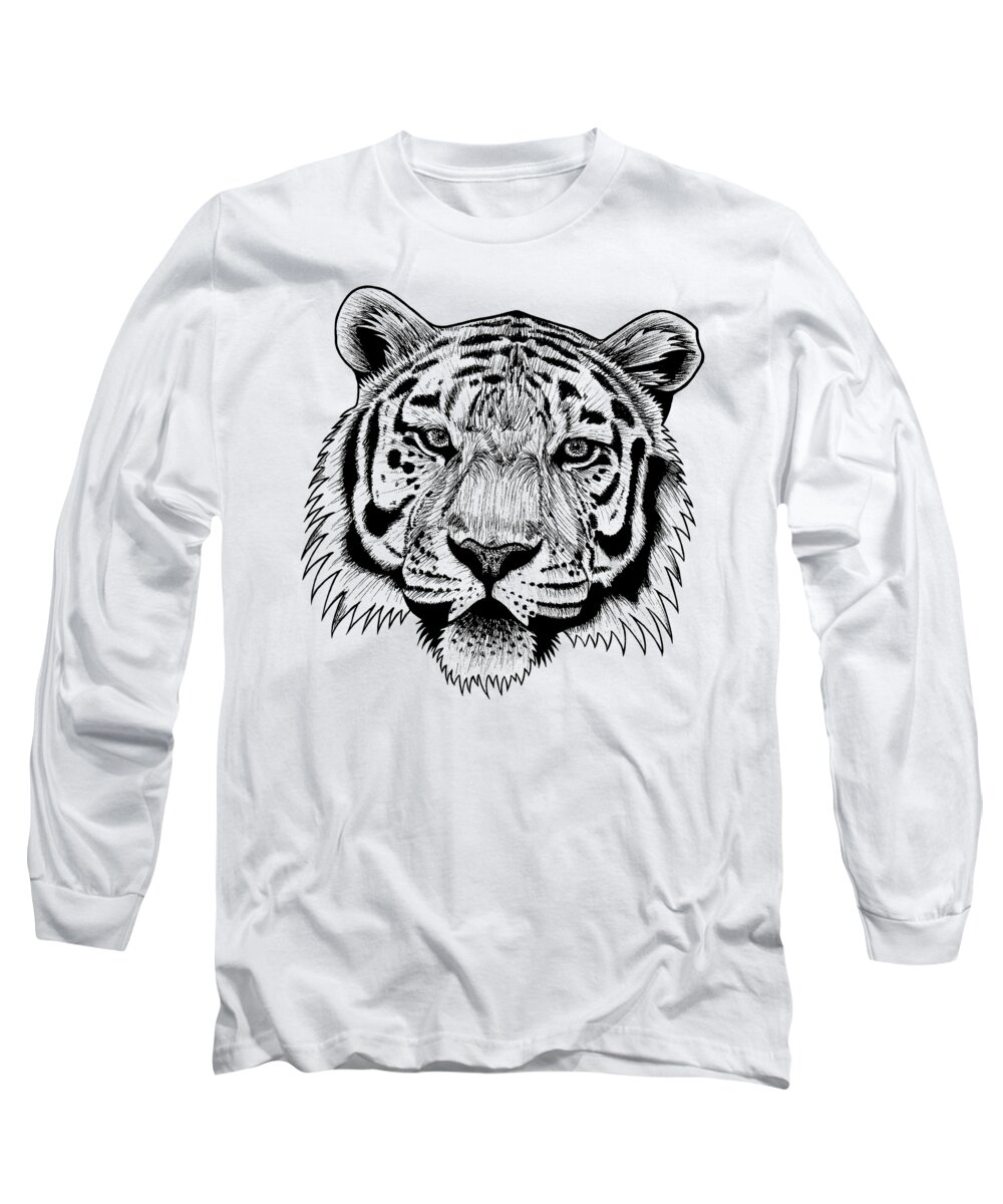 Tiger Long Sleeve T-Shirt featuring the drawing Amur tiger face big cat ink illustration by Loren Dowding