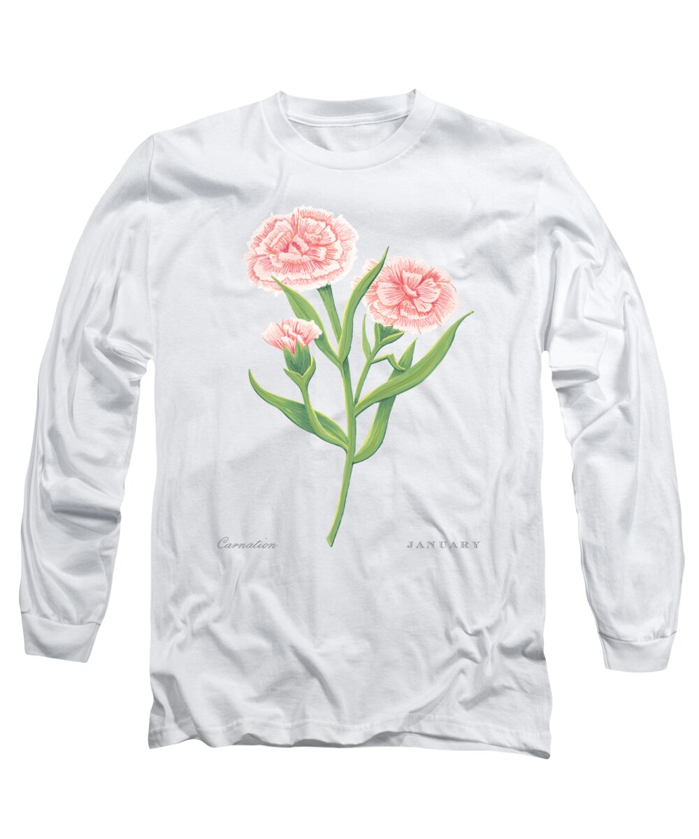 Carnation Long Sleeve T-Shirt featuring the painting Carnation January Birth Month Flower Botanical Print on White - Art by Jen Montgomery by Jen Montgomery