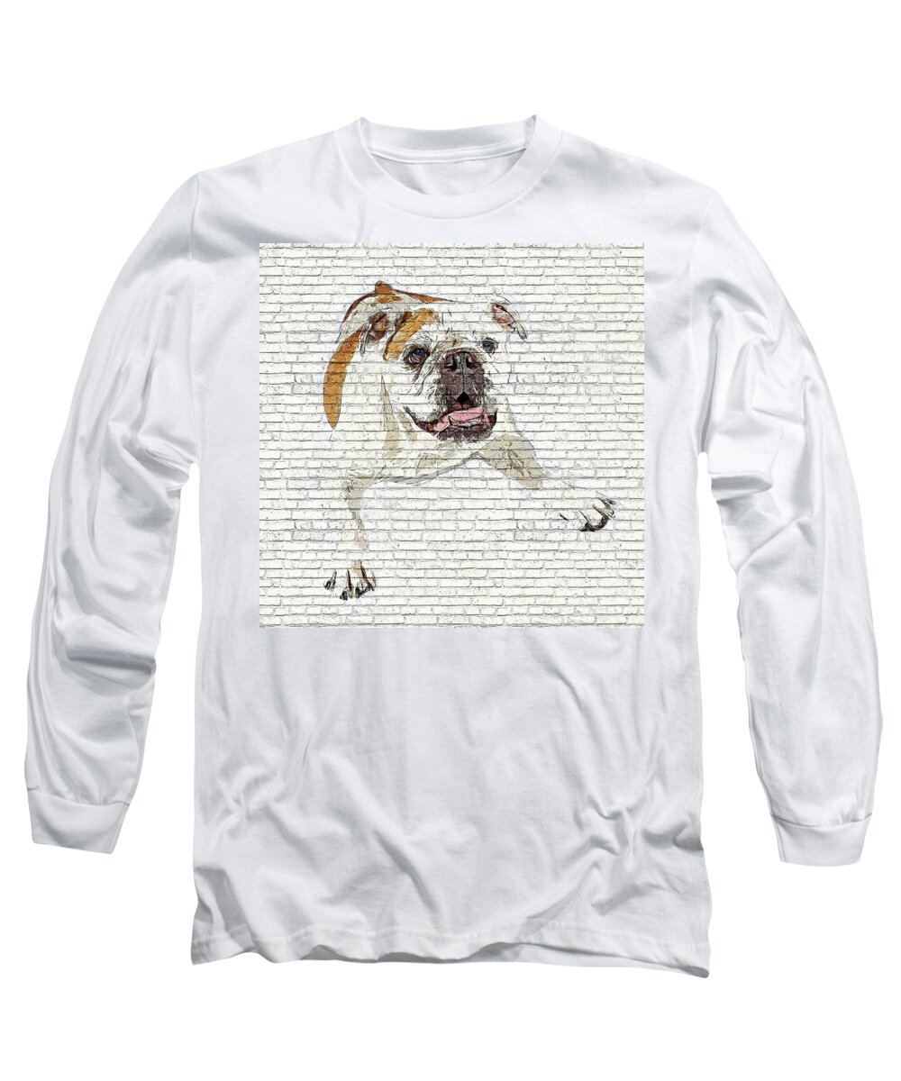 Bulldog Long Sleeve T-Shirt featuring the painting So Awkwardly Cute, Bulldog - Brick Block Background by Custom Pet Portrait Art Studio