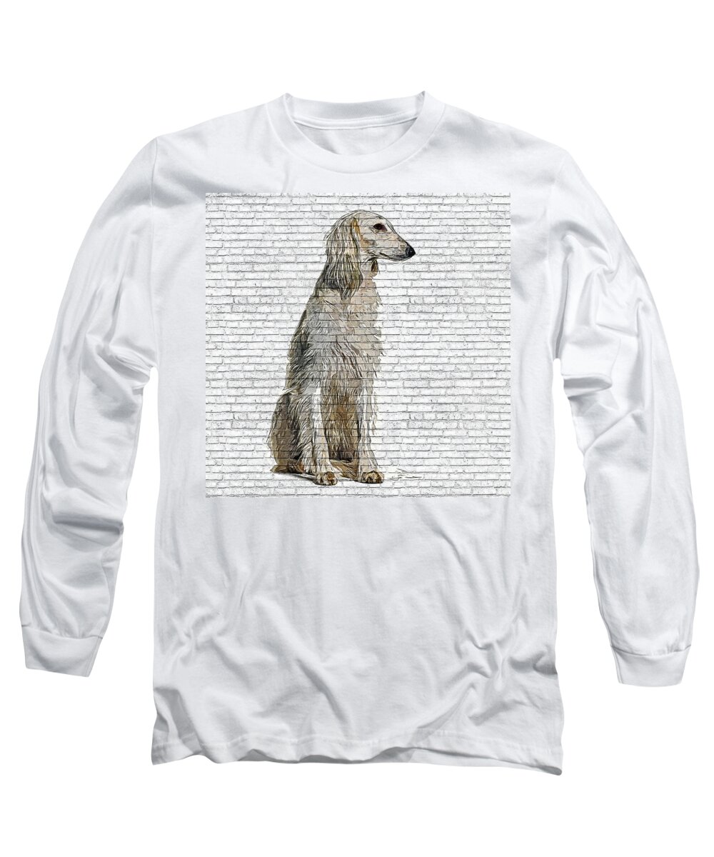 Saluki Long Sleeve T-Shirt featuring the painting So Beautiful and Cool, Saluki Dog - Brick Block Background by Custom Pet Portrait Art Studio