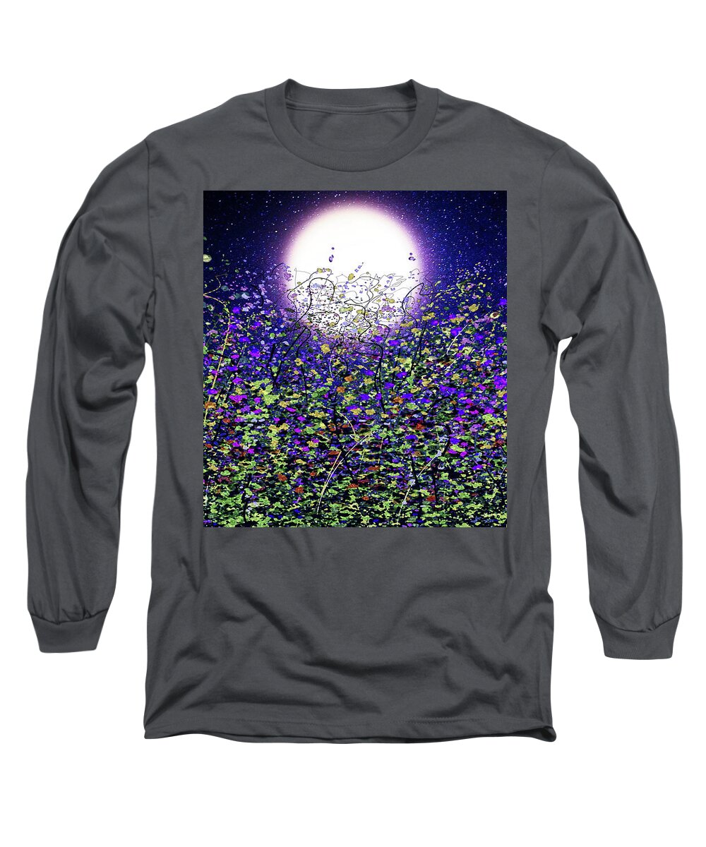 Moonlight Shadows Long Sleeve T-Shirt featuring the painting Moonlight Shadows on Meadow Flowers by OLena Art by Lena Owens - Vibrant DESIGN