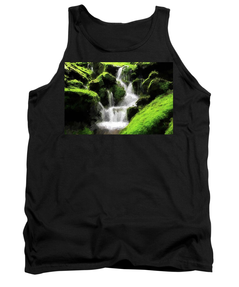 Streams Tank Top featuring the painting Green moss and waterfall by Art Market America