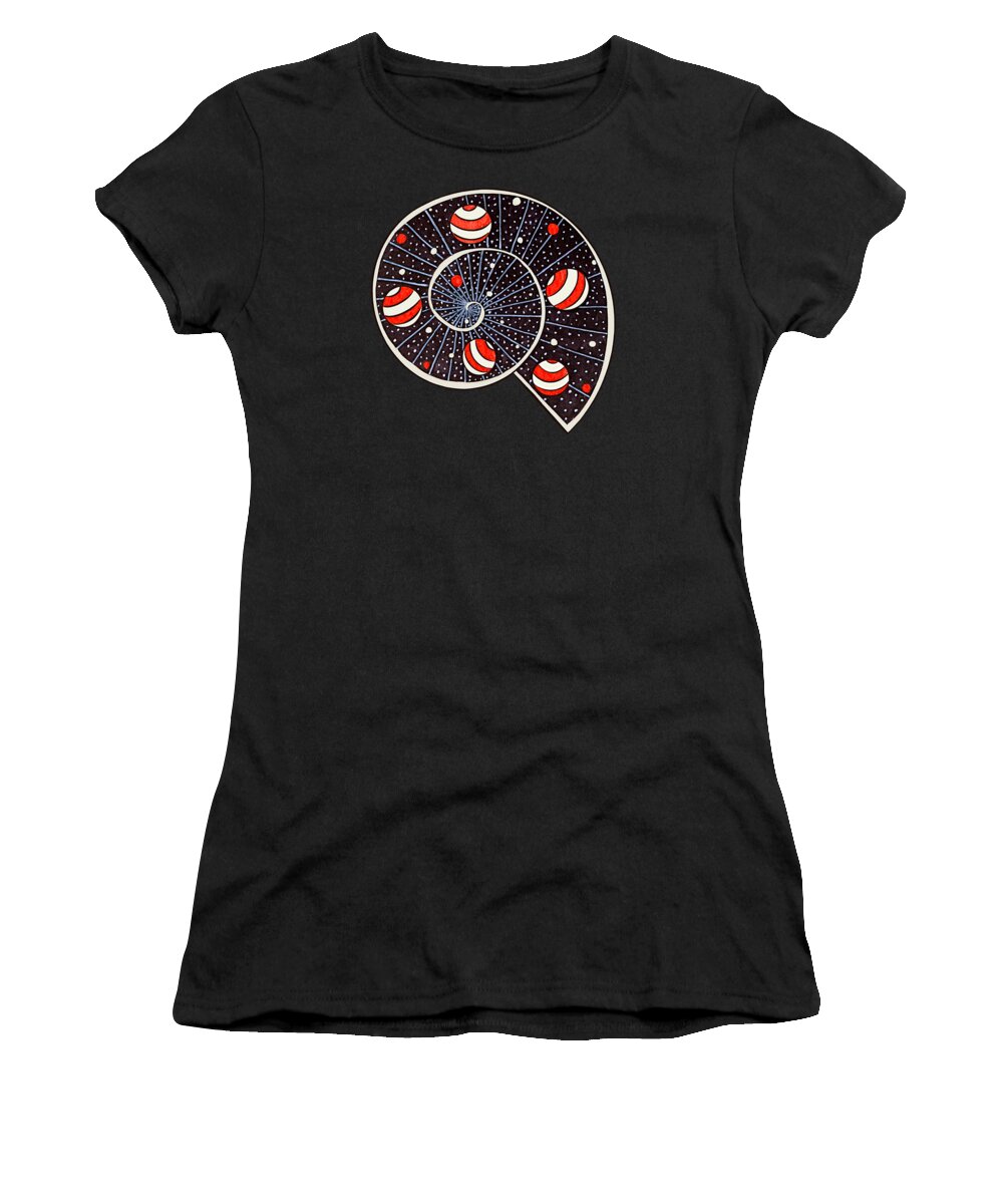 Spiral Women's T-Shirt featuring the drawing Spiral Galaxy Snail With Beach Ball Planets #2 by Boriana Giormova