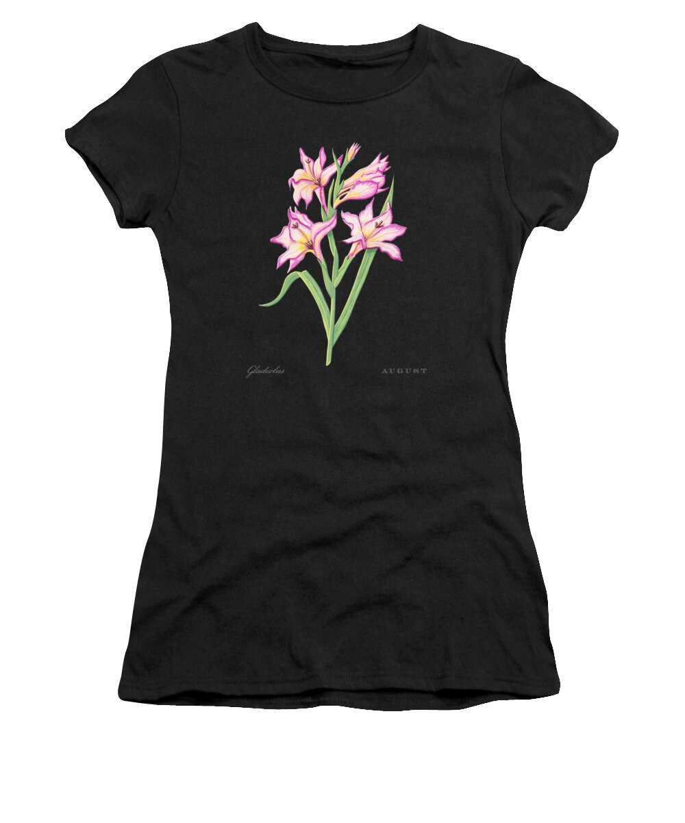 Gladiolus Women's T-Shirt featuring the painting Gladiolus August Birth Month Flower Botanical Print on Black - Art by Jen Montgomery by Jen Montgomery