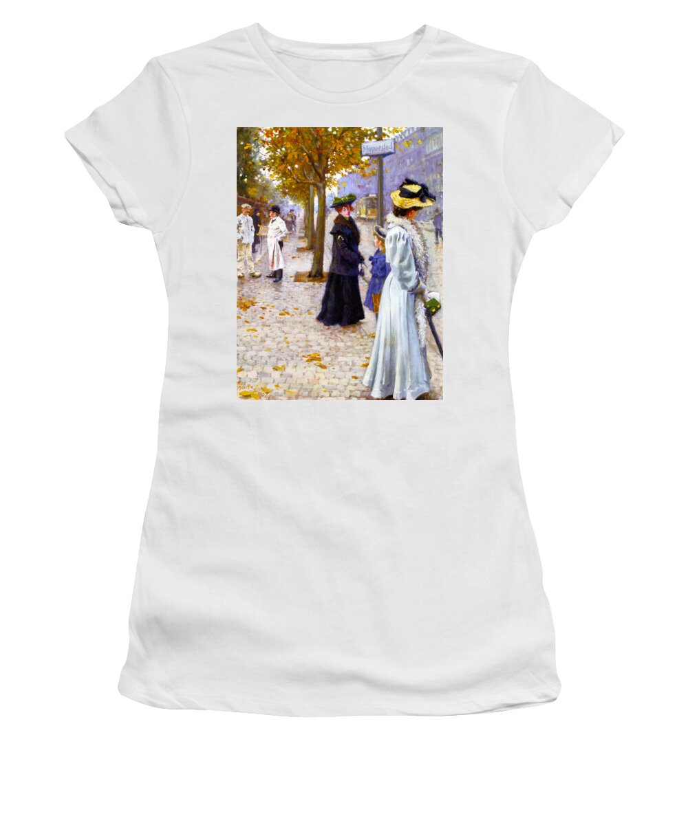 Waiting On The Tram Women's T-Shirt featuring the photograph Waiting On The Tram by Paul Gustav Fischer