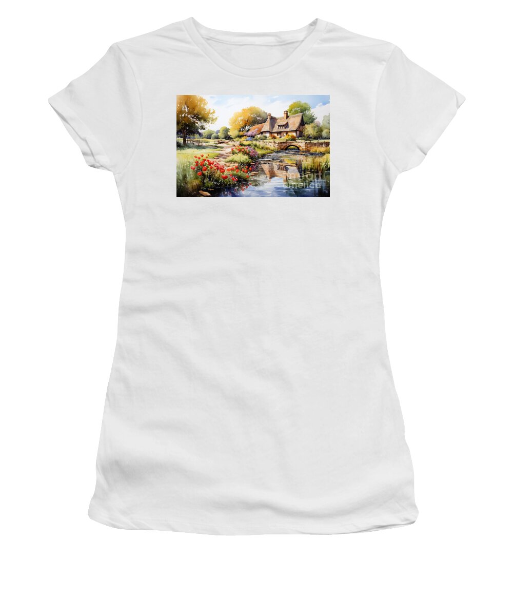 Cottage Women's T-Shirt featuring the painting 4d watercolour sketch of a thatched Cotswolds by Asar Studios #1 by Celestial Images
