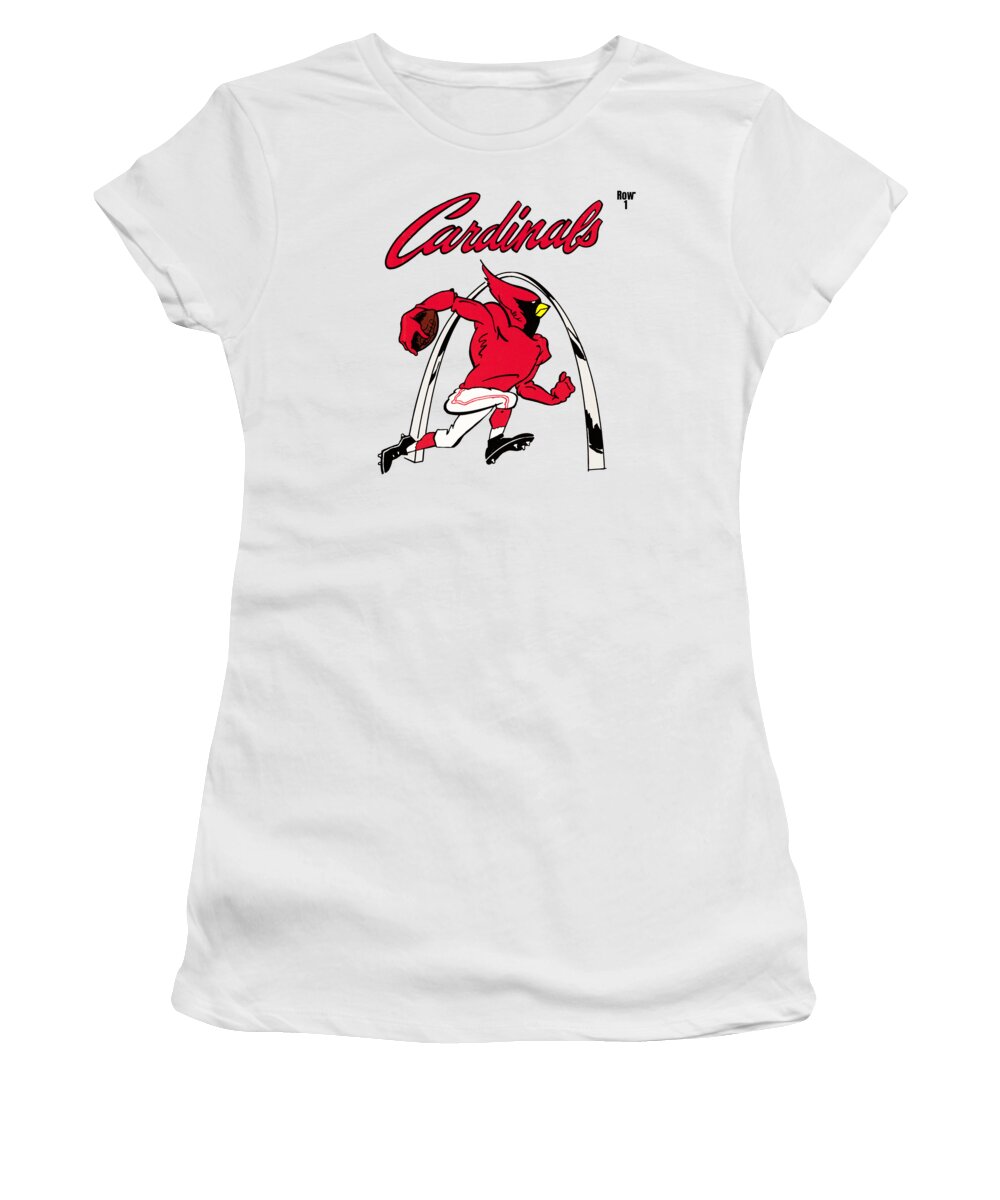 St. Louis Women's T-Shirt featuring the mixed media 1985 St. Louis Cardinals Retro Football Art by Row One Brand