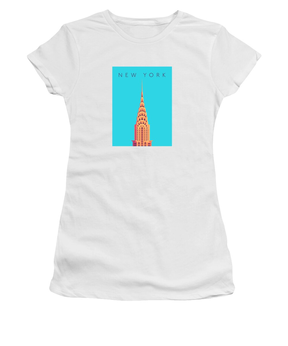 Chrysler Women's T-Shirt featuring the digital art Chrysler Building Minimal - Text Cyan by Organic Synthesis