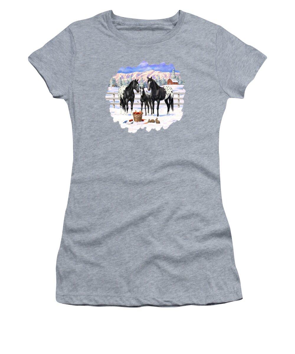 Horses Women's T-Shirt featuring the painting Black Appaloosa Horses In Snow by Crista Forest