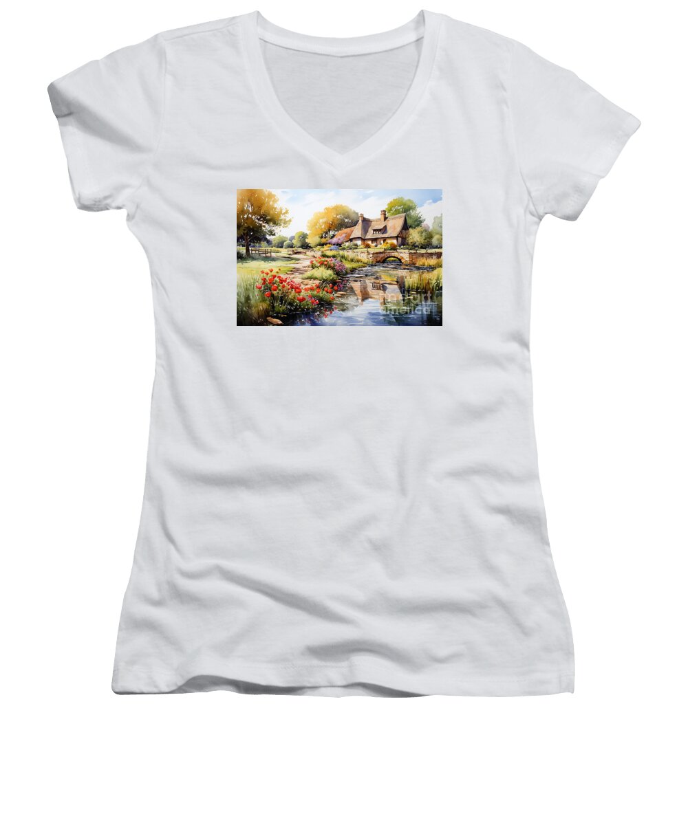 Cottage Women's V-Neck featuring the painting 4d watercolour sketch of a thatched Cotswolds by Asar Studios #1 by Celestial Images