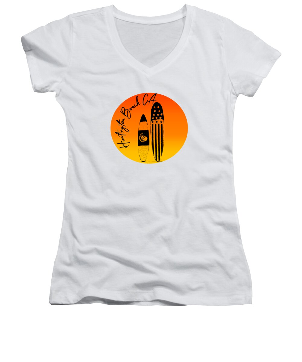 Huntington Beach Women's V-Neck featuring the digital art Huntington Beach Surfboards and Sunsets by Colleen Cornelius
