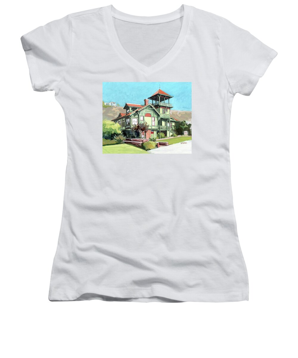 Victorian Women's V-Neck featuring the painting Sherman-Gilbert House Heritage Park Old Town San Diego California by Paul Strahm