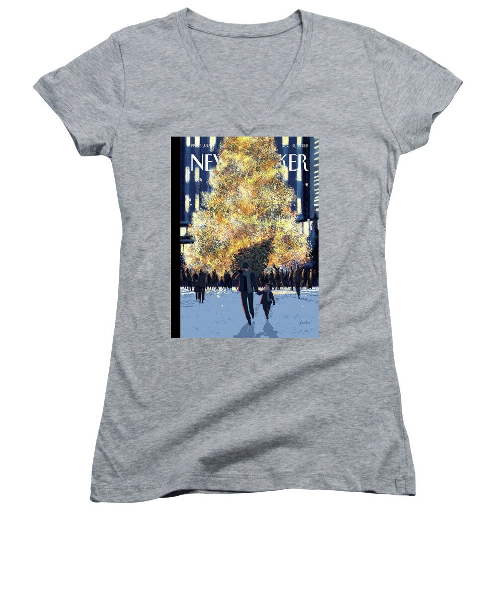 New York City Women's V-Neck featuring the painting Evergreens by Matthieu Forichon