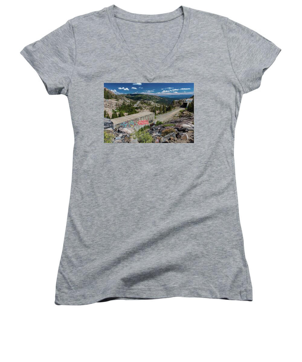Tunnel Women's V-Neck featuring the photograph Truckee Tunnels by Robin Mayoff