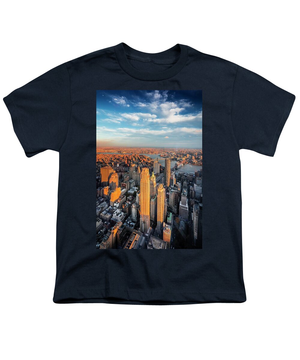 Estock Youth T-Shirt featuring the digital art Nyc, East River, Lower Manhattan, 1 World Trade Center, Freedom Tower, View From The Freedom Tower Observatory Deck, 1 World Observatory, Beekman Tower, Chase Manhattan, Trump Building, Brooklyn & Manhattan Bridges by Antonino Bartuccio