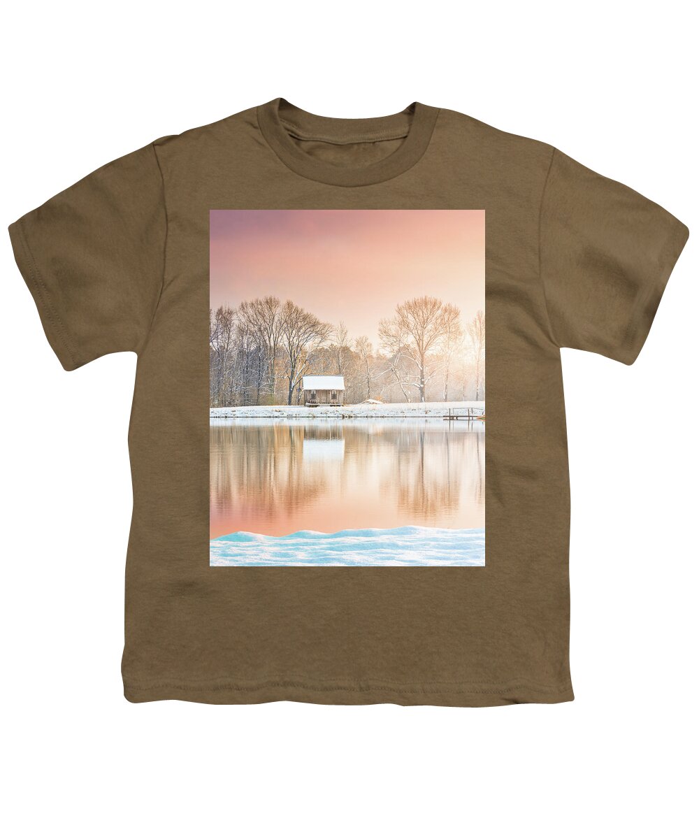 Shack Youth T-Shirt featuring the photograph Cabin By The Lake In Winter by Jordan Hill