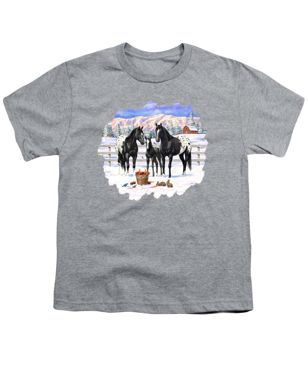 Horses Youth T-Shirt featuring the painting Black Appaloosa Horses In Snow by Crista Forest