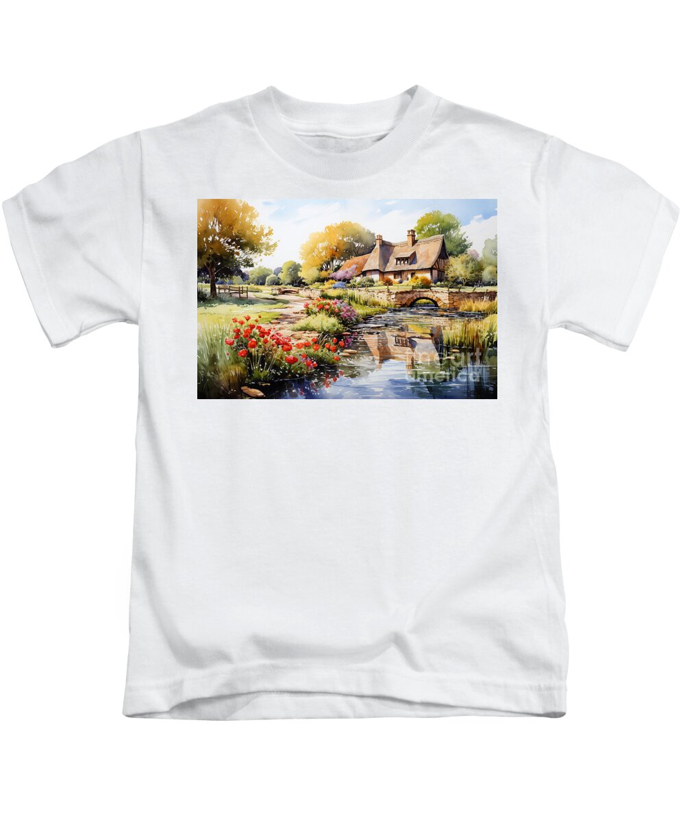 Cottage Kids T-Shirt featuring the painting 4d watercolour sketch of a thatched Cotswolds by Asar Studios #1 by Celestial Images