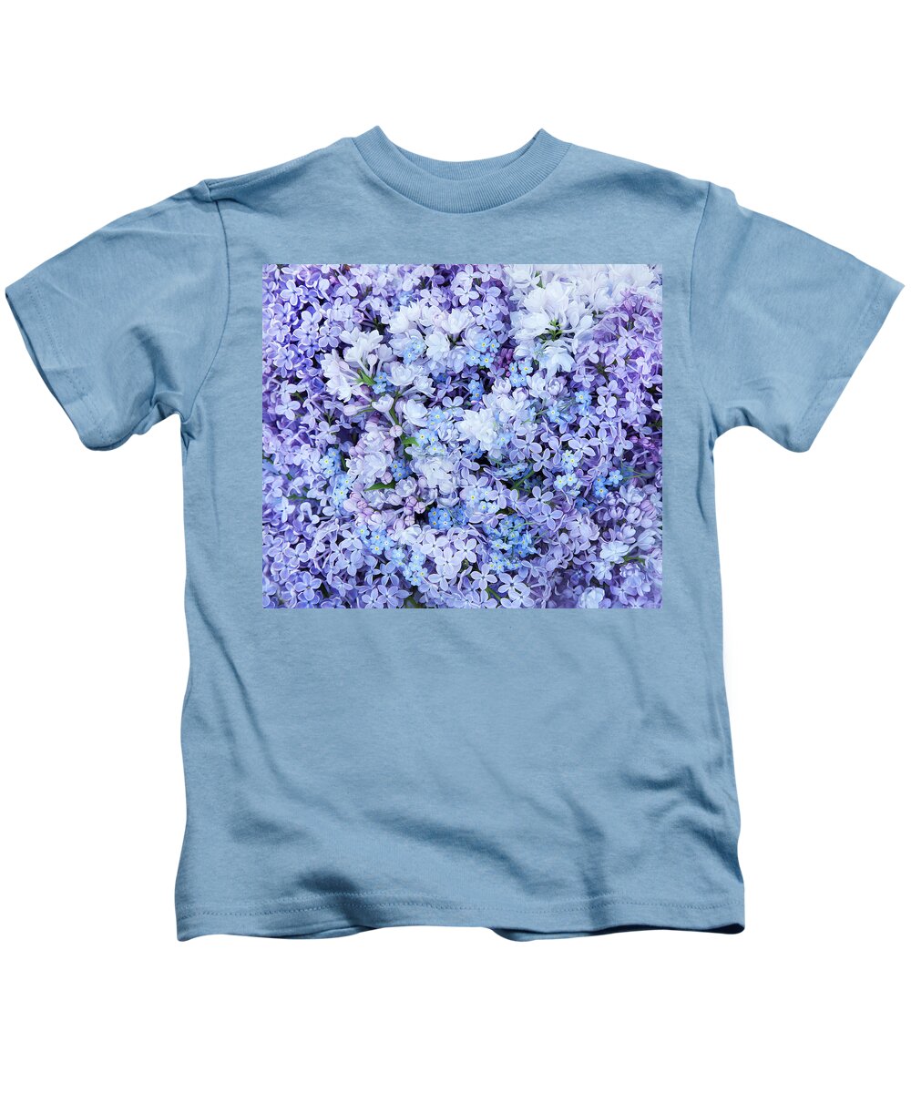 Face Mask Kids T-Shirt featuring the photograph Lilacs And Forget Me Nots by Theresa Tahara