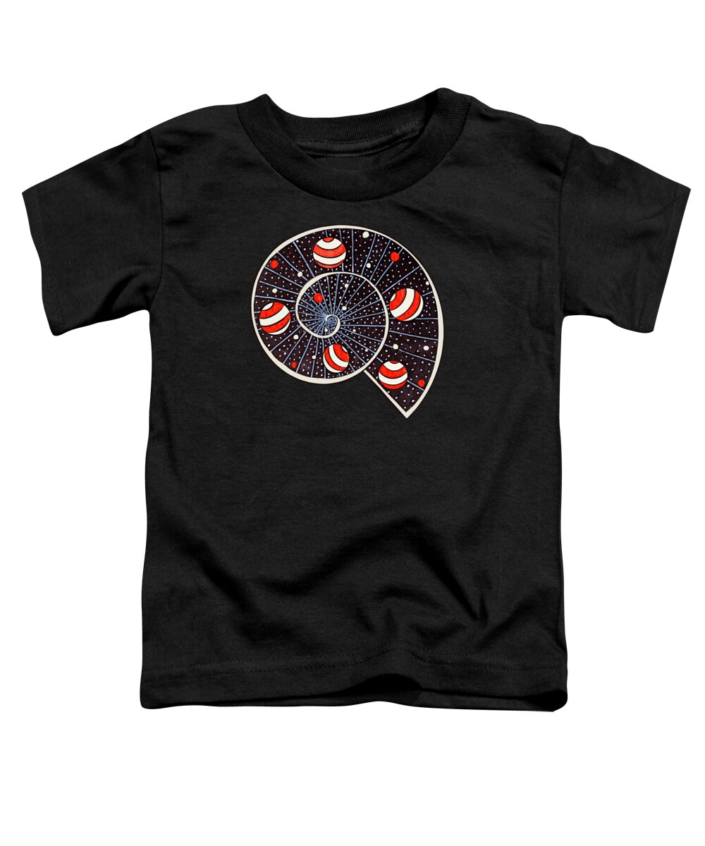 Spiral Toddler T-Shirt featuring the drawing Spiral Galaxy Snail With Beach Ball Planets #2 by Boriana Giormova