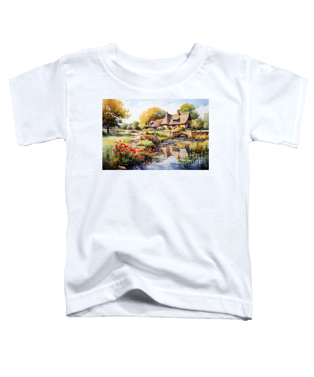 Cottage Toddler T-Shirt featuring the painting 4d watercolour sketch of a thatched Cotswolds by Asar Studios #1 by Celestial Images
