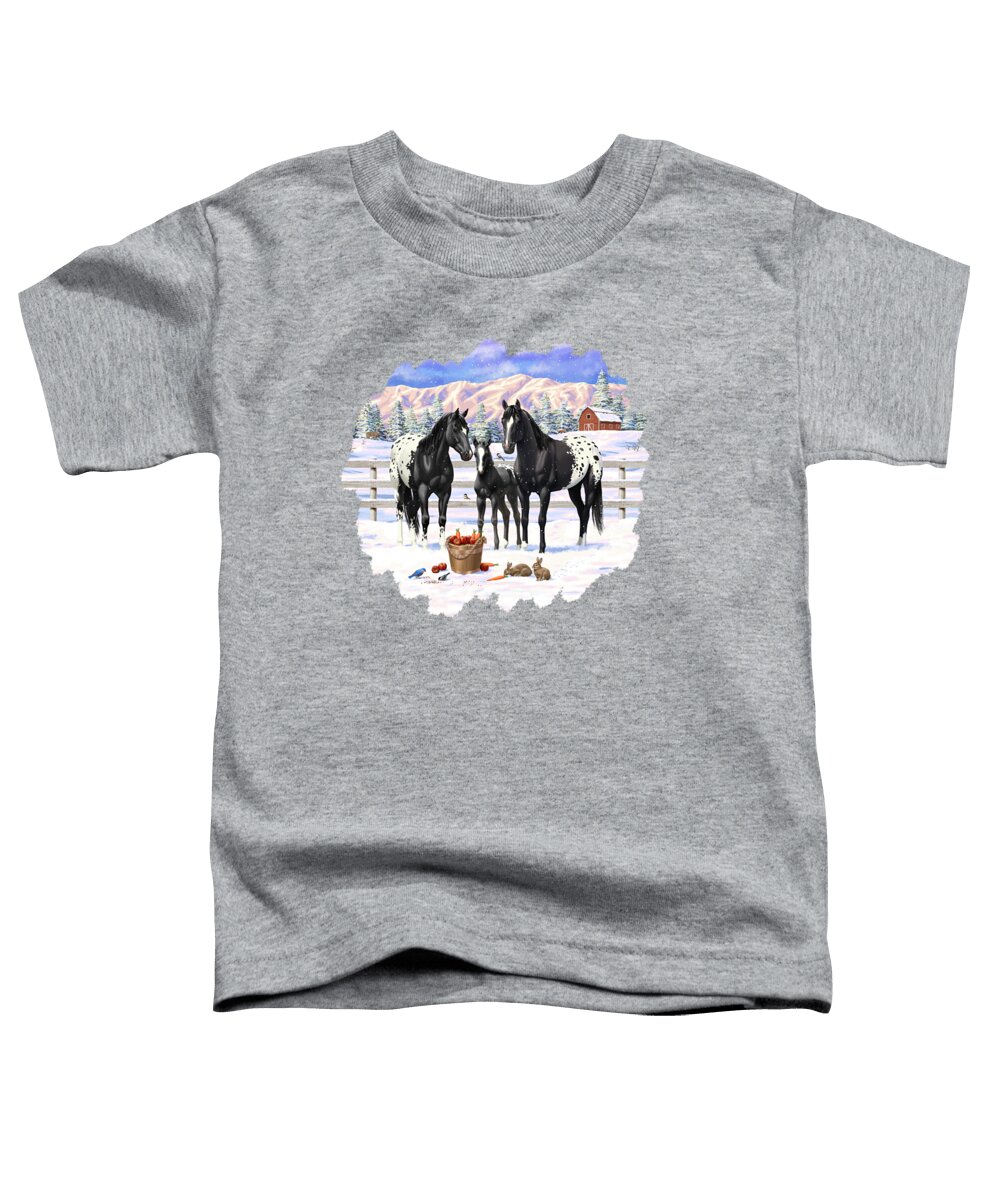 Horses Toddler T-Shirt featuring the painting Black Appaloosa Horses In Snow by Crista Forest