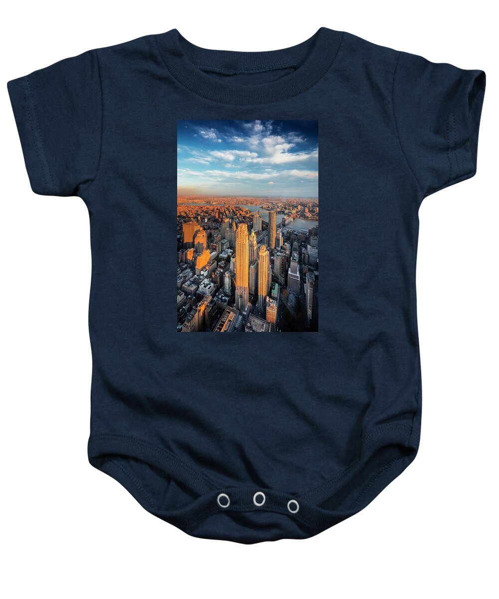 Estock Baby Onesie featuring the digital art Nyc, East River, Lower Manhattan, 1 World Trade Center, Freedom Tower, View From The Freedom Tower Observatory Deck, 1 World Observatory, Beekman Tower, Chase Manhattan, Trump Building, Brooklyn & Manhattan Bridges by Antonino Bartuccio