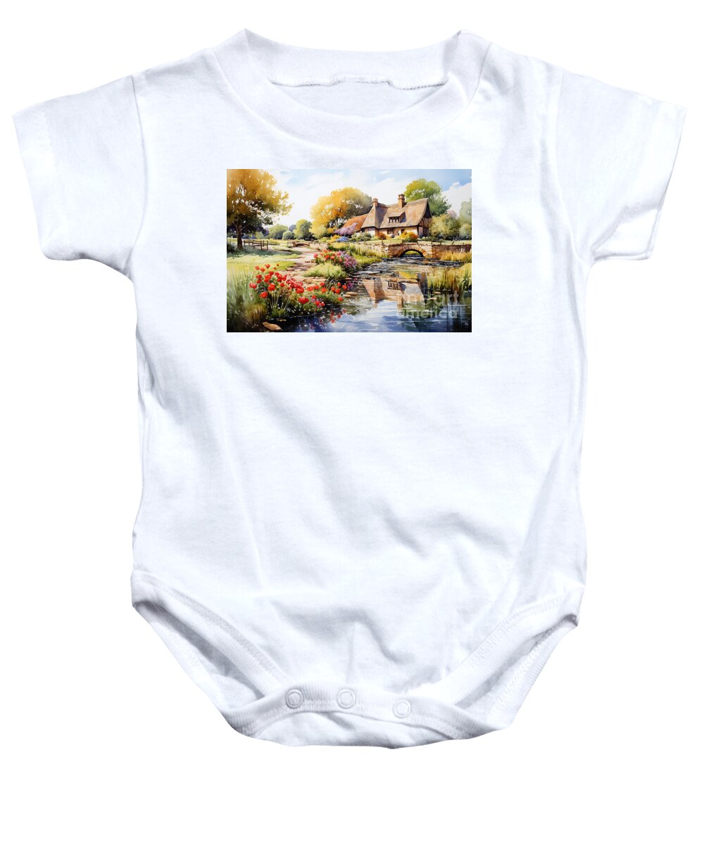 Cottage Baby Onesie featuring the painting 4d watercolour sketch of a thatched Cotswolds by Asar Studios #1 by Celestial Images